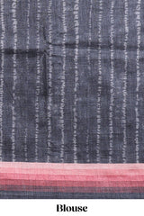 Black textured plain art tussar saree with contrast pink border and matching striped blouse