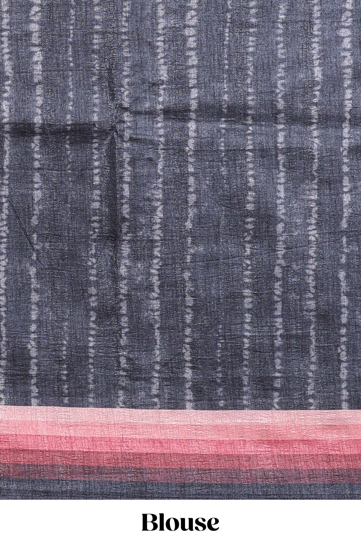 Black textured plain art tussar saree with contrast pink border and matching striped blouse