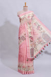 Pink floral design art tussar saree with self zari border and matching printed blouse