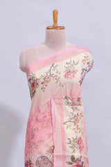 Pink floral design art tussar saree with self zari border and matching printed blouse