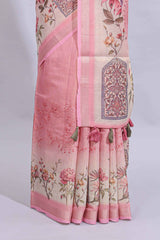 Pink floral design art tussar saree with self zari border and matching printed blouse