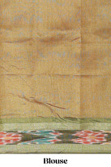 Pink plain art tussar saree with contrast ikkat style border and floral design striped pallu