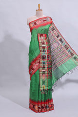 Green plain art tussar saree with contrast ikkat style border and floral design striped pallu