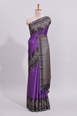 Violet motifs art tussar saree with contrast leaf design border and striped blouse