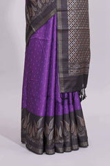 Violet motifs art tussar saree with contrast leaf design border and striped blouse