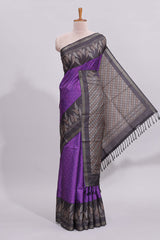 Violet motifs art tussar saree with contrast leaf design border and striped blouse