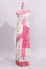 White floral design art tussar saree with contrast border and zari blouse