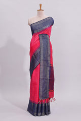 Pink zari motifs design art tussar saree with contrast border and zari blouse