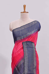 Pink zari motifs design art tussar saree with contrast border and zari blouse