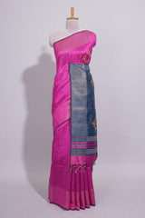 Bright Pink Plain Linen Cotton Saree with Self Border Contrast Blue Pallu and Striped Blouse