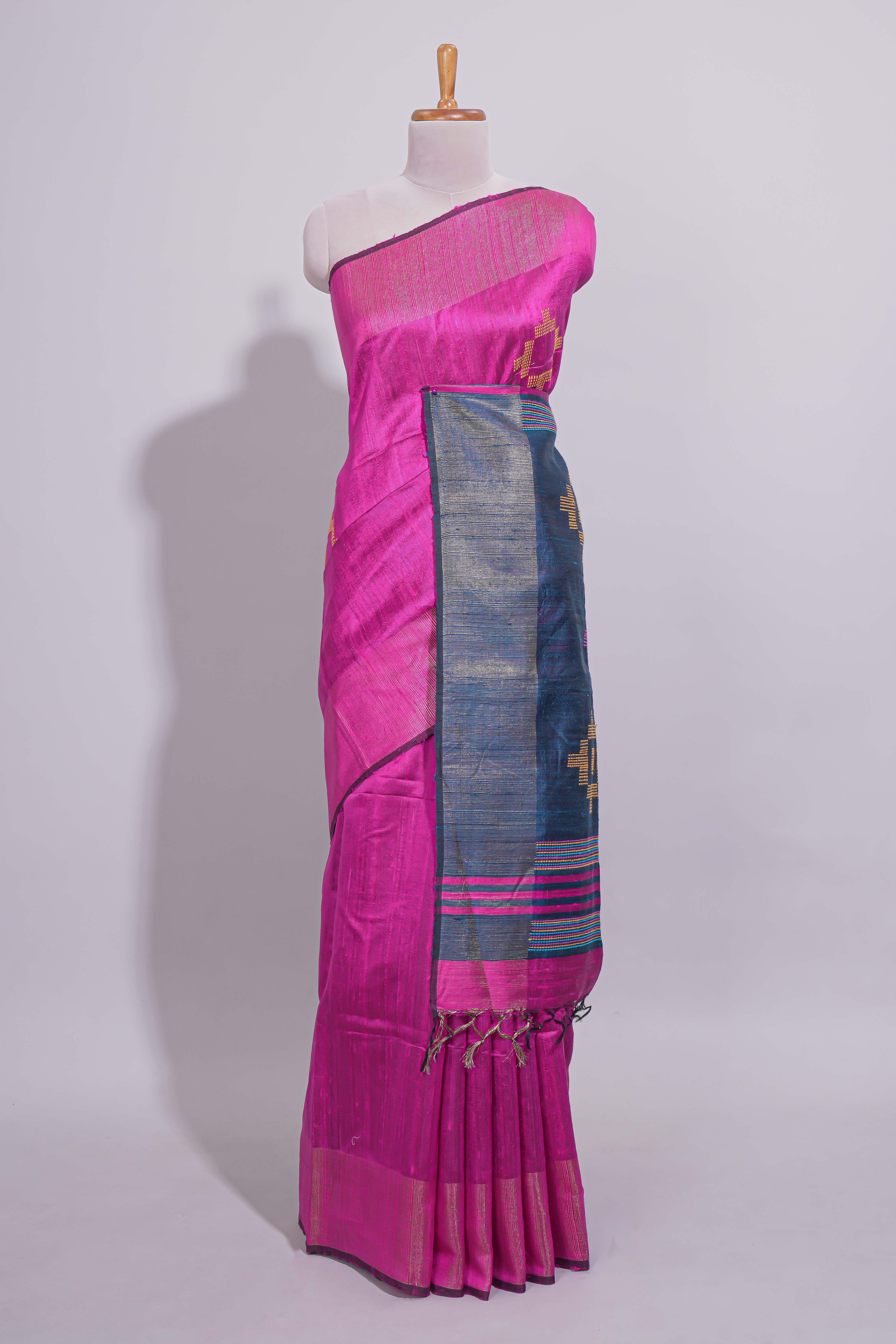 Bright Pink Plain Linen Cotton Saree with Self Border Contrast Blue Pallu and Striped Blouse