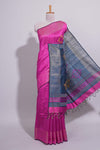 Bright Pink Plain Linen Cotton Saree with Self Border Contrast Blue Pallu and Striped Blouse
