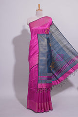 Bright Pink Plain Linen Cotton Saree with Self Border Contrast Blue Pallu and Striped Blouse