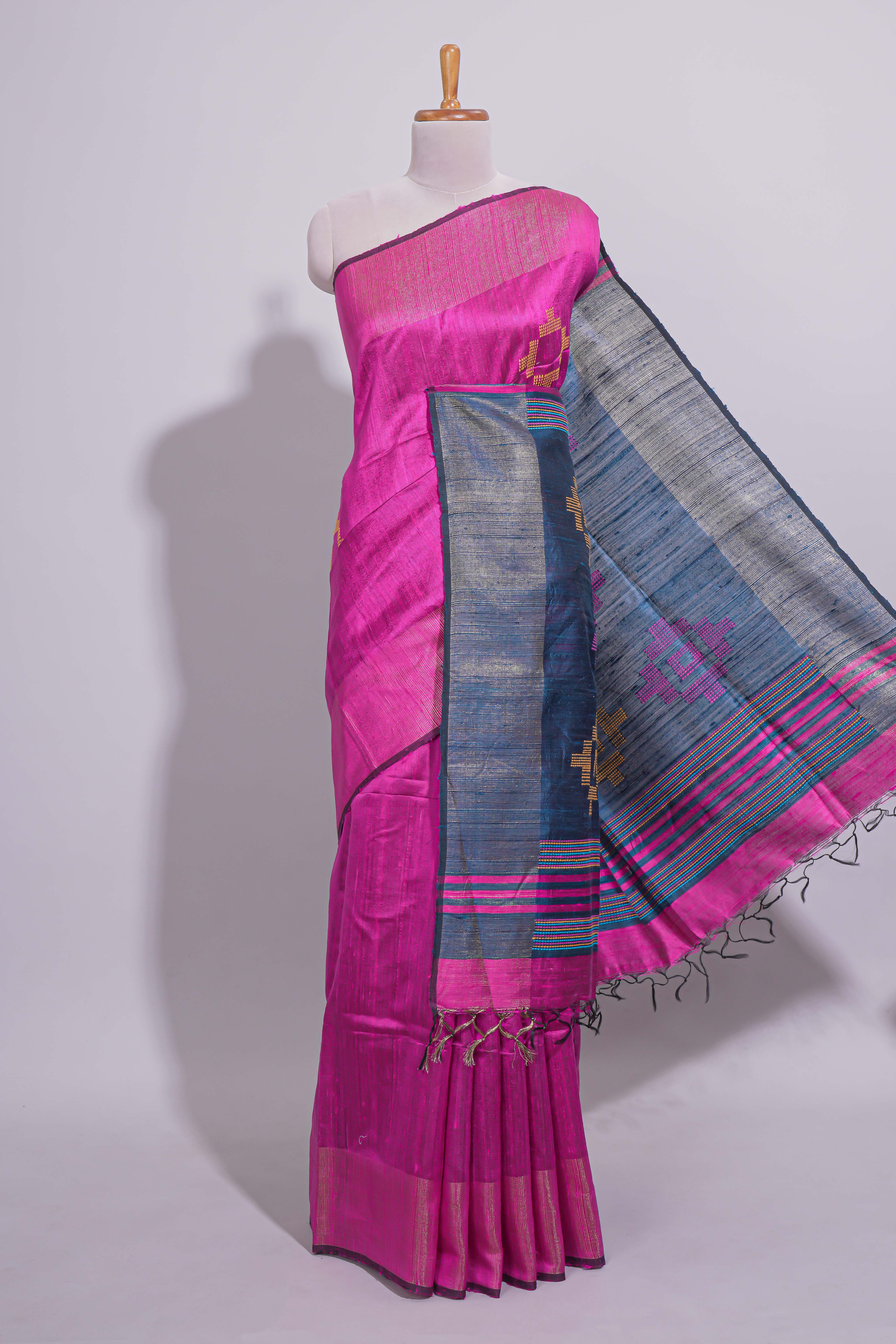 Bright Pink Plain Linen Cotton Saree with Self Border Contrast Blue Pallu and Striped Blouse