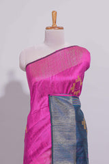 Bright Pink Plain Linen Cotton Saree with Self Border Contrast Blue Pallu and Striped Blouse