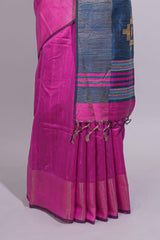 Bright Pink Plain Linen Cotton Saree with Self Border Contrast Blue Pallu and Striped Blouse