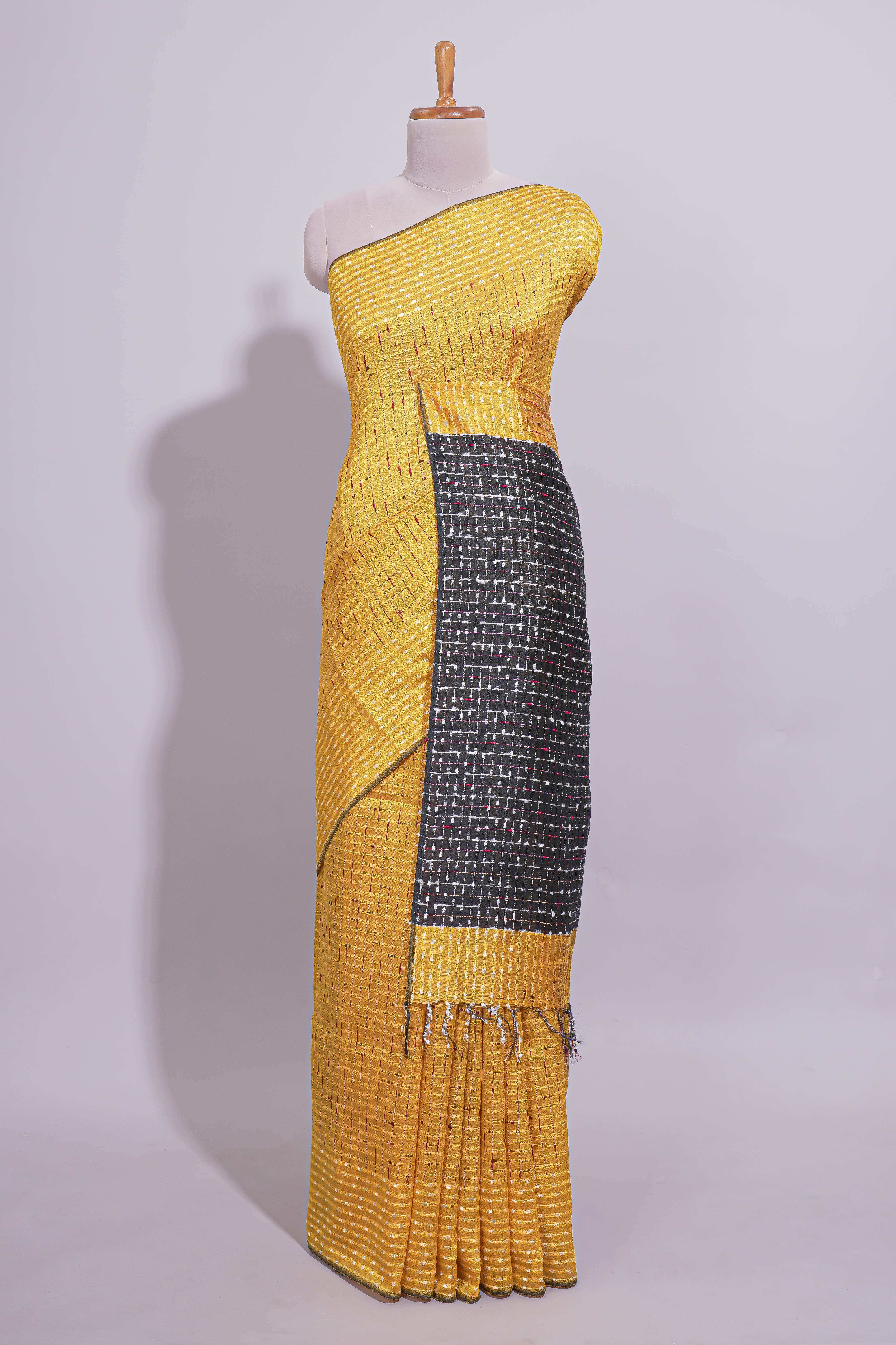 Bright Yellow Striped Linen Cotton Saree with Self Border Contrast Black Pallu and Striped Blouse