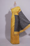 Bright Yellow Striped Linen Cotton Saree with Self Border Contrast Black Pallu and Striped Blouse
