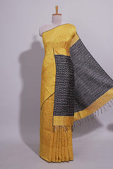 Bright Yellow Striped Linen Cotton Saree with Self Border Contrast Black Pallu and Striped Blouse