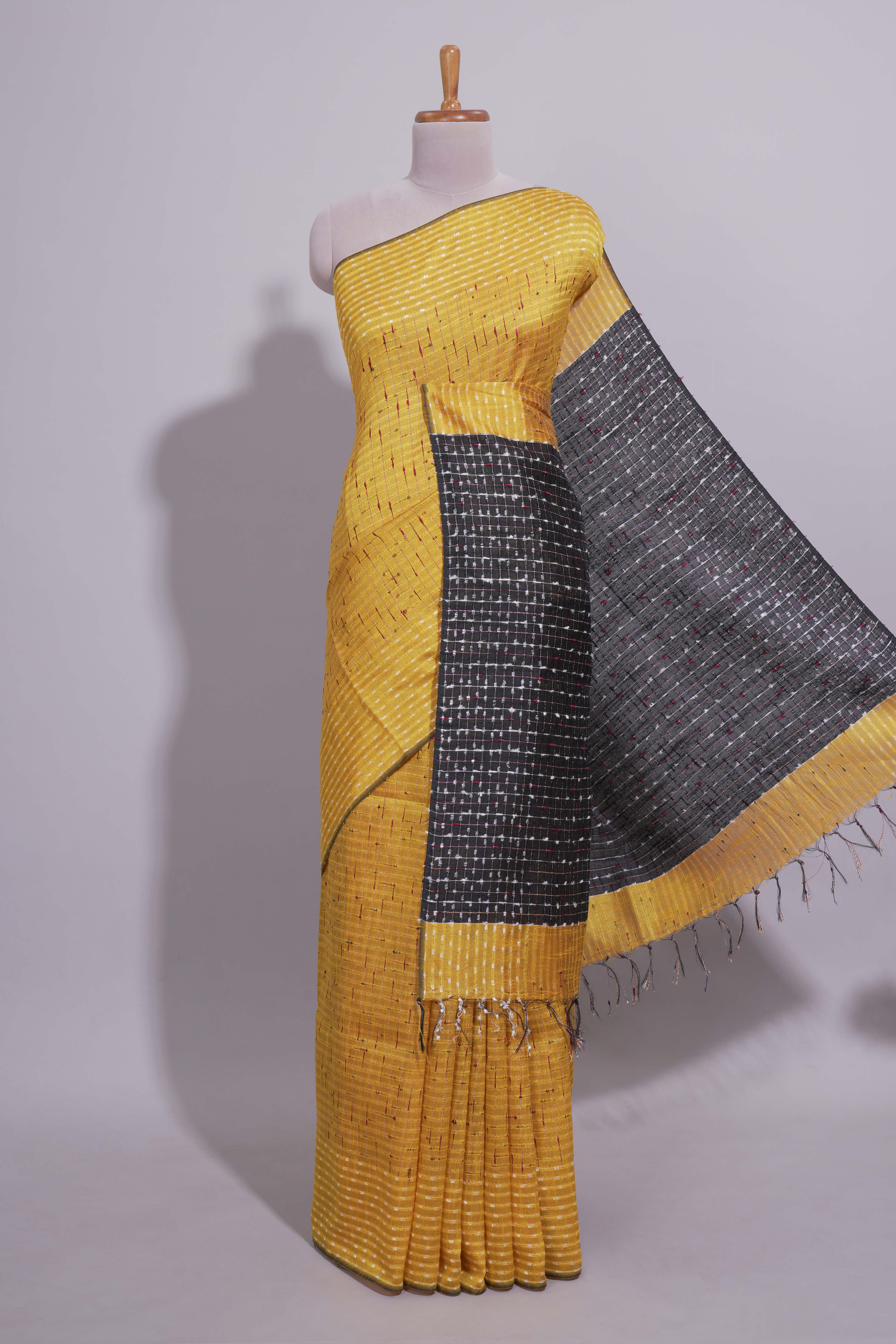 Bright Yellow Striped Linen Cotton Saree with Self Border Contrast Black Pallu and Striped Blouse