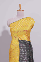 Bright Yellow Striped Linen Cotton Saree with Self Border Contrast Black Pallu and Striped Blouse