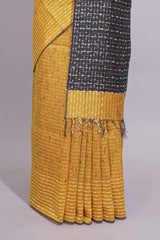 Bright Yellow Striped Linen Cotton Saree with Self Border Contrast Black Pallu and Striped Blouse