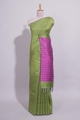 Green Striped Linen Cotton Saree with Self Border Contrast Pink Pallu and Striped Blouse