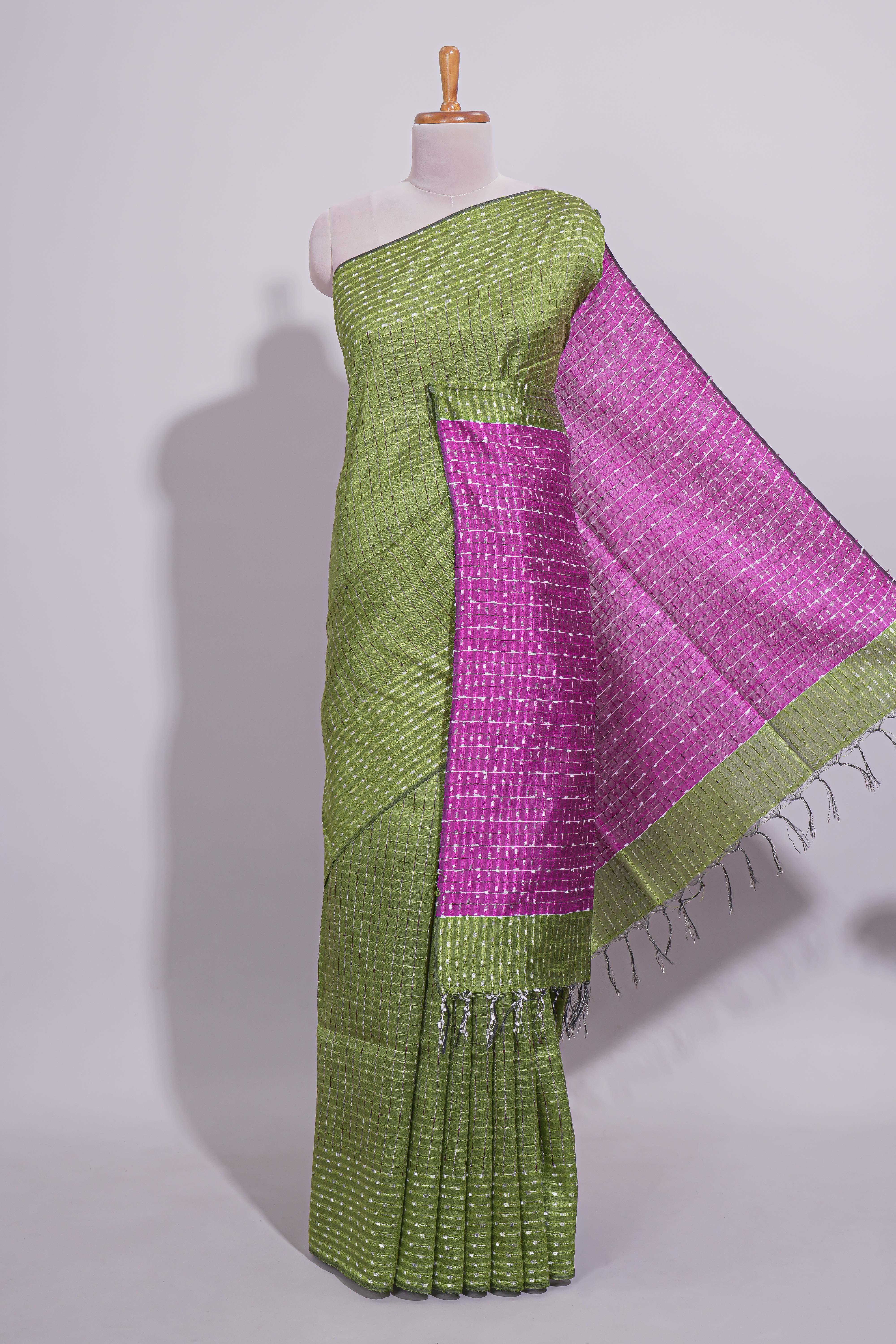 Green Striped Linen Cotton Saree with Self Border Contrast Pink Pallu and Striped Blouse