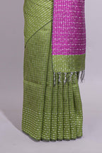Green Striped Art Tussar Saree with Self Border Contrast Pink Pallu and Striped Blouse