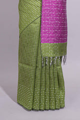 Green Striped Linen Cotton Saree with Self Border Contrast Pink Pallu and Striped Blouse
