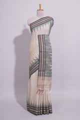 Off White Unique Design Linen Cotton Saree with Contrast Border Contrast and Blouse