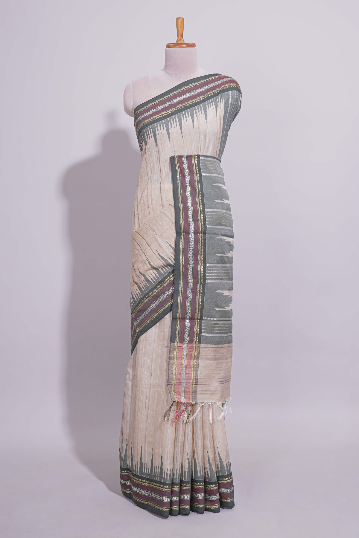 Off White Unique Design Art Tussar Saree with Contrast Border Contrast and Blouse
