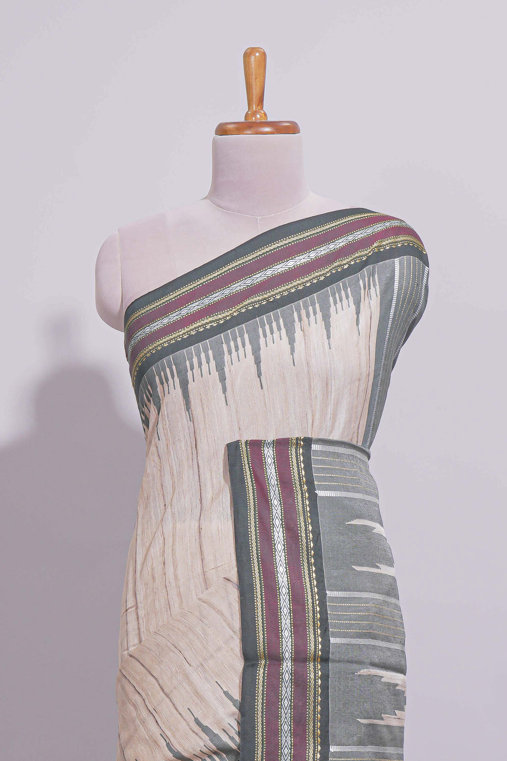 Off White Unique Design Art Tussar Saree with Contrast Border Contrast and Blouse