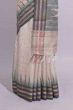 Off White Unique Design Art Tussar Saree with Contrast Border Contrast and Blouse