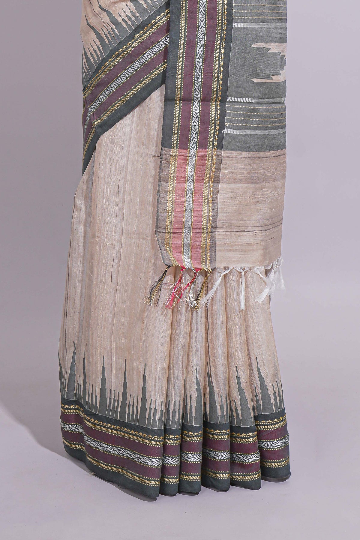 Off White Unique Design Art Tussar Saree with Contrast Border Contrast and Blouse