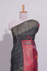 Black Unique Design Linen Cotton Saree with Contrast Border Contrast and Blouse