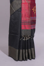 Black Unique Design Art Tussar Saree with Contrast Border Contrast and Blouse