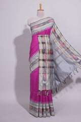 Pink Plain Art Tussar Saree with Contrast Ikkat Design Border and Blouse