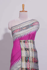 Pink Plain Art Tussar Saree with Contrast Ikkat Design Border and Blouse