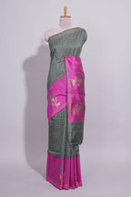 Green Checked Art Tussar Saree with Contrast Floral Motifs Border and Blouse
