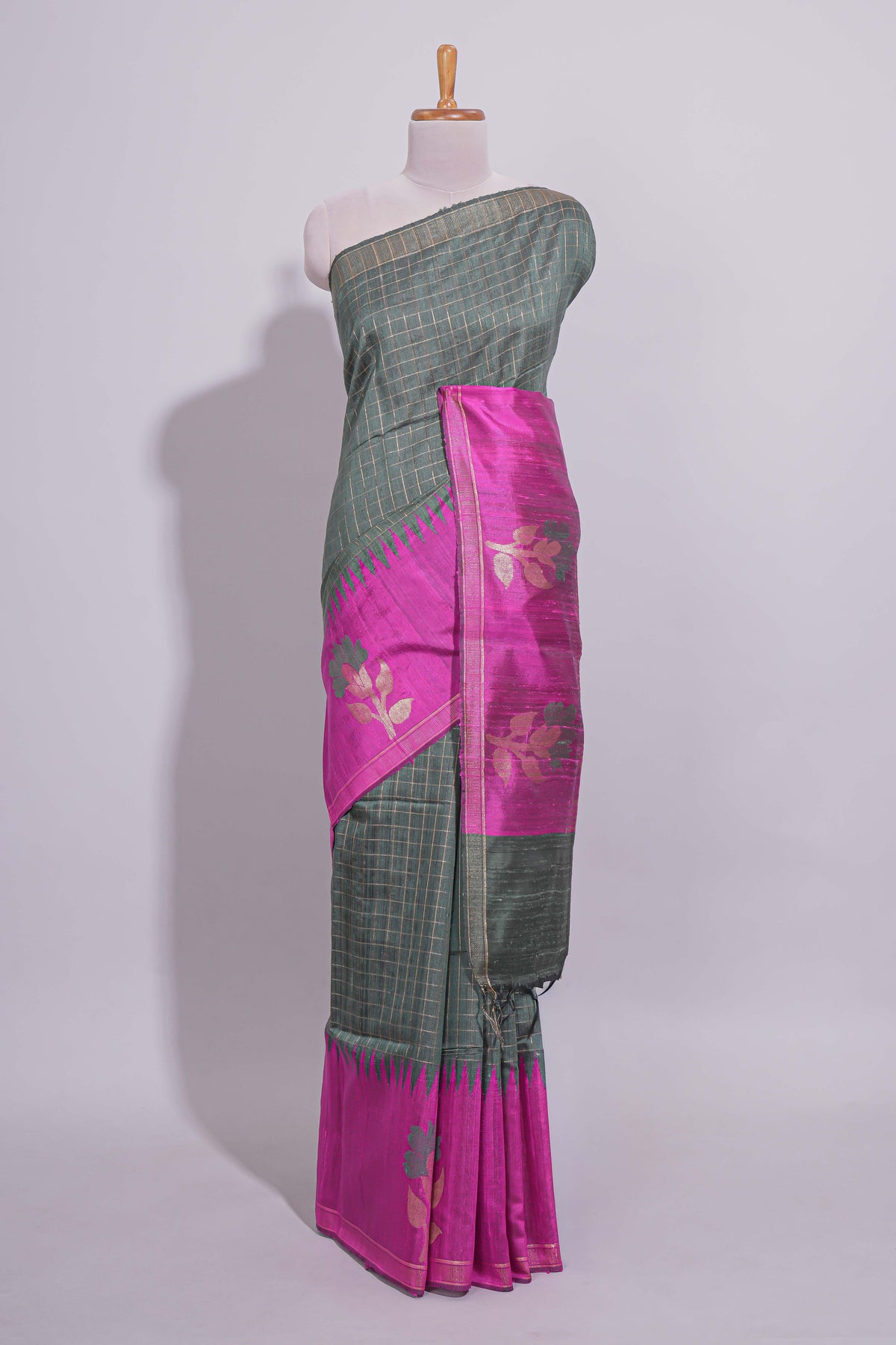 Green Checked Art Tussar Saree with Contrast Floral Motifs Border and Blouse