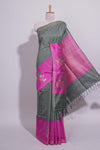 Green Checked Linen Cotton Saree with Contrast Floral Motifs Border and Blouse