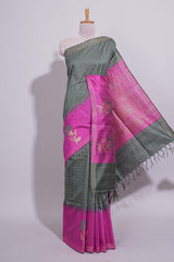 Green Checked Linen Cotton Saree with Contrast Floral Motifs Border and Blouse