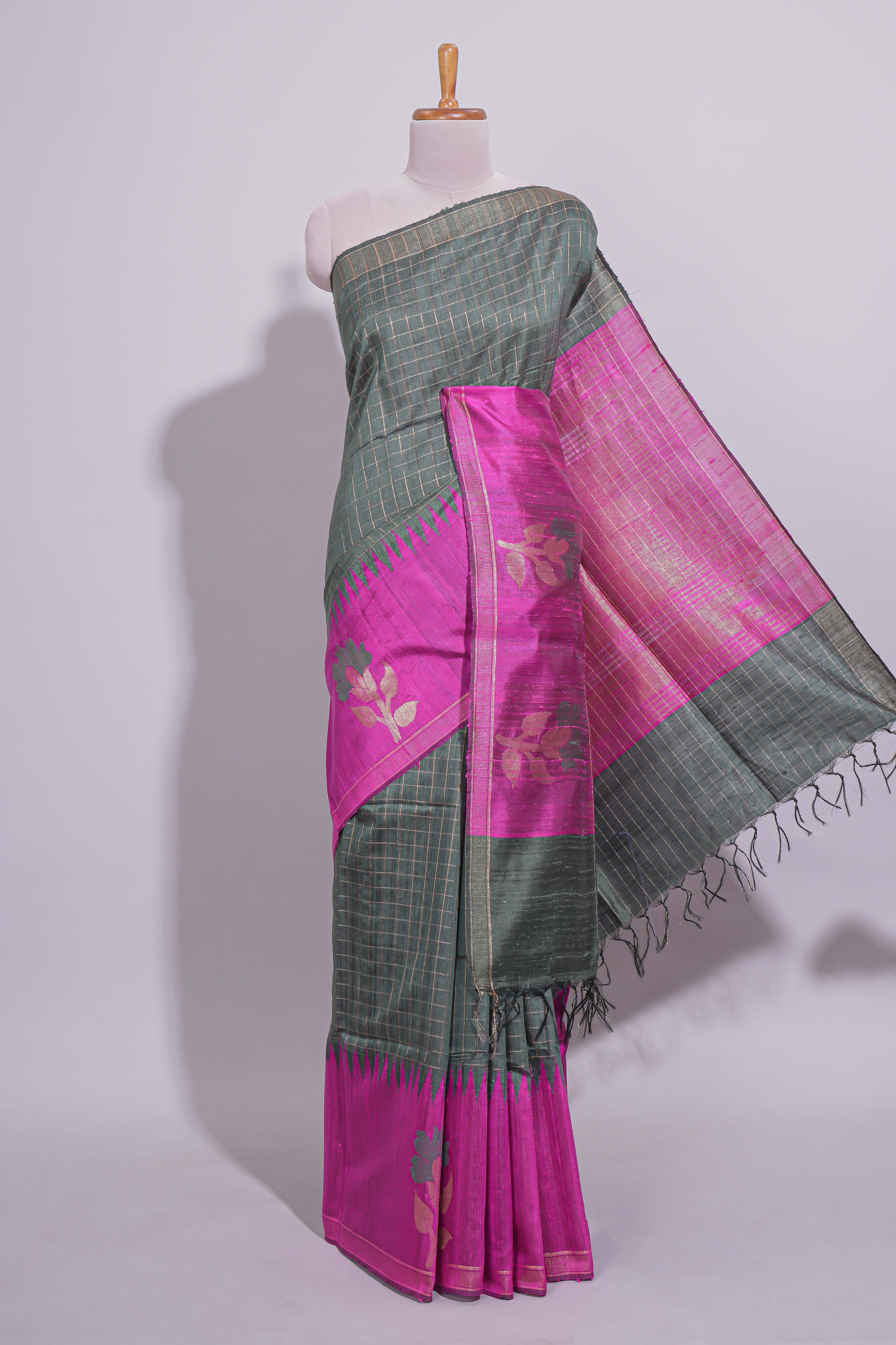 Green Checked Linen Cotton Saree with Contrast Floral Motifs Border and Blouse