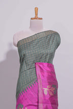 Green Checked Art Tussar Saree with Contrast Floral Motifs Border and Blouse