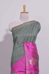 Green Checked Linen Cotton Saree with Contrast Floral Motifs Border and Blouse