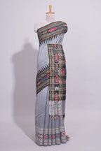 Grey Plain Art Tussar Saree with Contrast Tribal Motif Border and Blouse