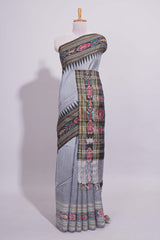 Grey Plain Linen Cotton Saree with Contrast Tribal Motif Border and Blouse