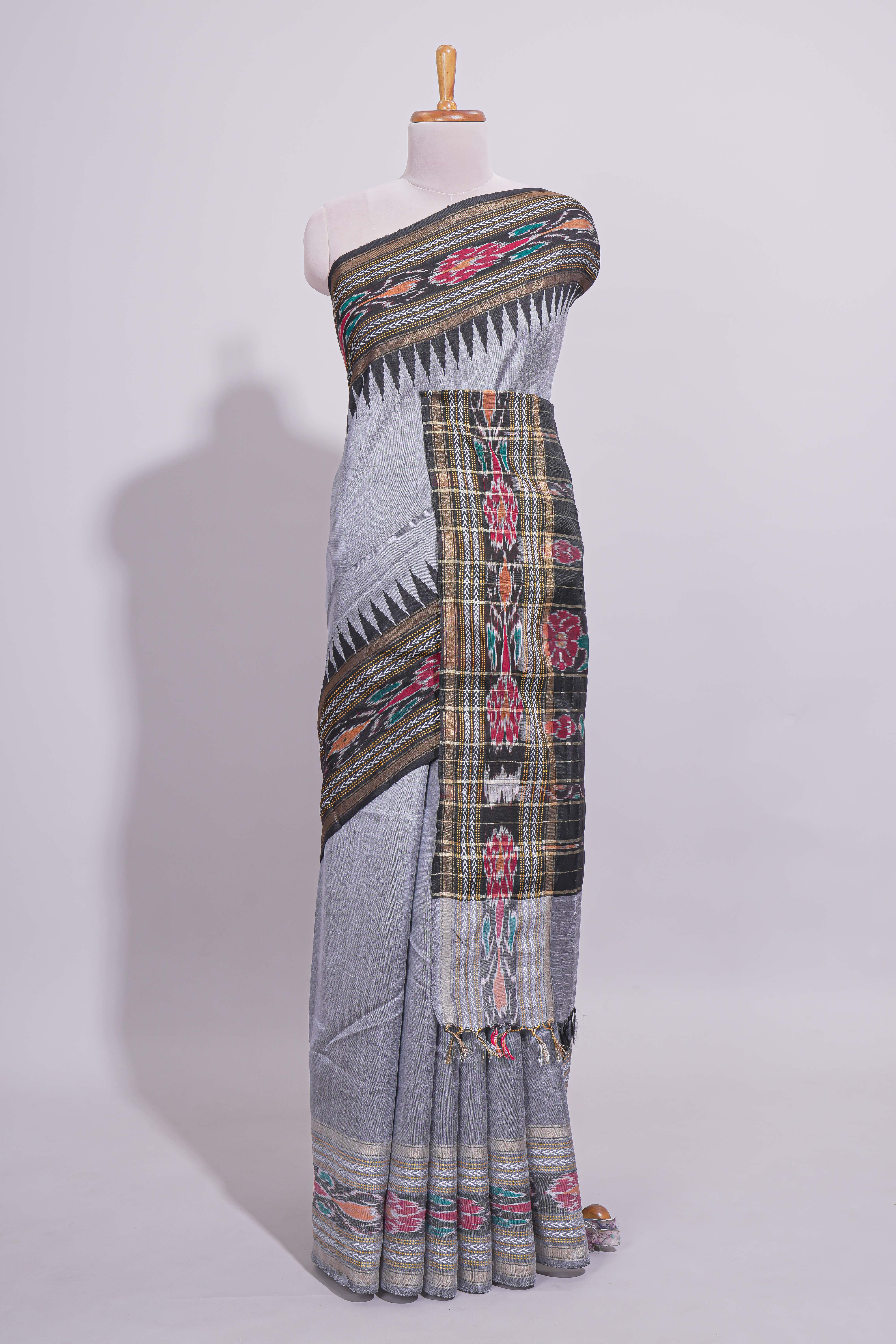 Grey Plain Linen Cotton Saree with Contrast Tribal Motif Border and Blouse
