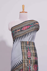 Grey Plain Linen Cotton Saree with Contrast Tribal Motif Border and Blouse